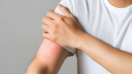 A close-up of a person touching their irritated skin on the arm, depicting skin issues and self-examination.