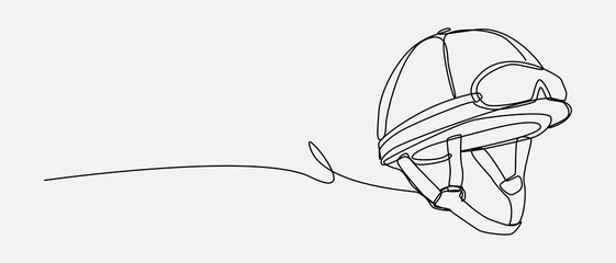Continuous one line drawing of horse jockey helmet. Sport, horse, riding, equestrian, dressage, polo, protection concept. Editable stroke vector.