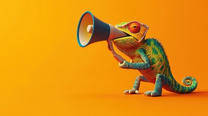 Colorful chameleon holding a blue megaphone on a vibrant orange background.