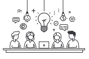 A group of people gathered around a table, engaged in a discussion about innovative ideas, with a laptop at the center. The scene highlights teamwork, collaboration, and creativity and ideas