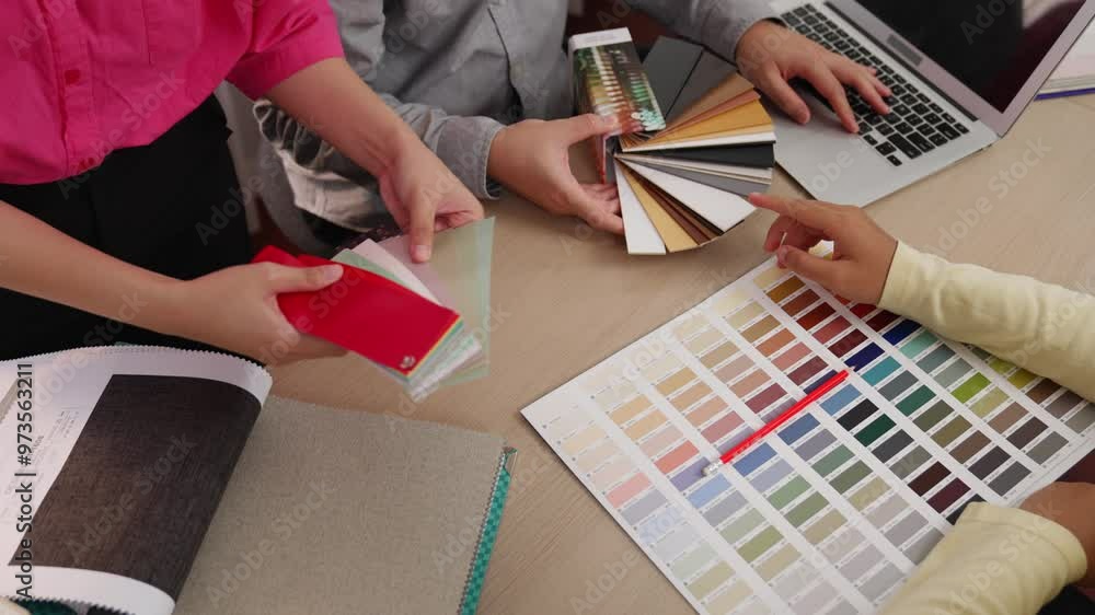 Poster hand closeup architect and interior designer presenting textile material and color from color palett