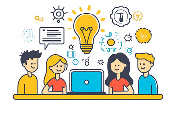 A group of people gathered around a table, engaged in a discussion about innovative ideas, with a laptop at the center. The scene highlights teamwork, collaboration, and creativity and ideas