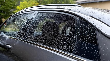 A close-up view of raindrops on a car window, showcasing the intricate patterns and reflections on a rainy day.