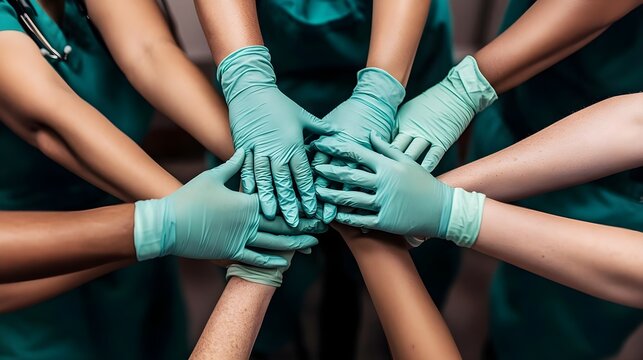 A collaborative effort in healthcare with hands wearing gloves joined together, symbolizing teamwork and support in medicine.