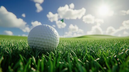 Obraz premium A close-up of a golf ball on green grass with a flag in the background.