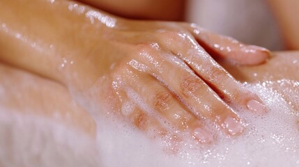 Fototapeta premium A close up of a woman's hands washing her legs with soap, AI