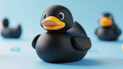 Close-up of a black rubber duck with yellow beak and white eyes on a blue background.