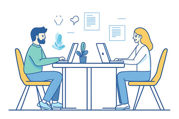 A group of people in suits sits at a table engaged in a discussion about teambuilding. The flat art style emphasizes collaboration and professional teamwork
