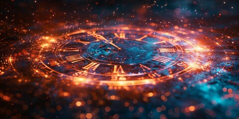 A mesmerizing cosmic scene depicting an ethereal, swirling vortex in space, intertwined with a giant clock face. The clock, with its Roman numerals, appears to be suspended in the vastness of the univ