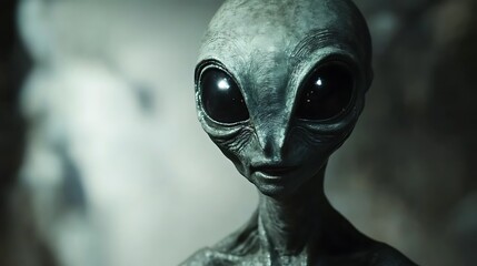 Close up portrait of a mysterious gray alien with large black eyes. Concept of extraterrestrial life, science fiction, and the unknown.