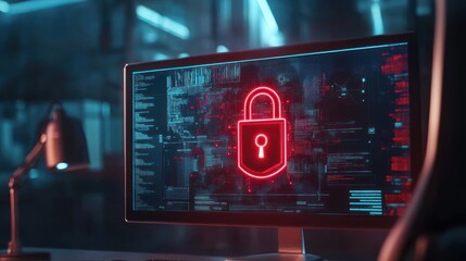 Neon Red Lock Icon on a Computer Monitor with Blue and Red Code.