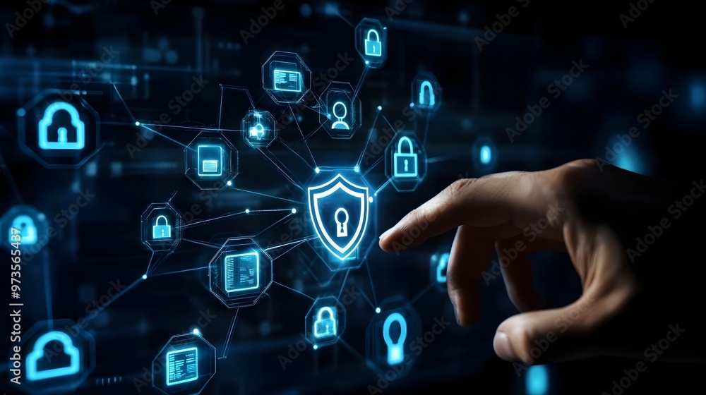 Poster a digital security concept showcasing a hand interacting with network icons and a shield, symbolizin