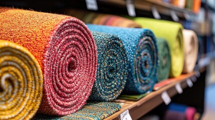 Close-up of colorful rolled rugs. This image can be used to illustrate a shop selling rugs, interior design, or home decor.