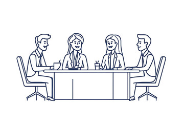A group of people in suits sits at a table engaged in a discussion about team building. The flat art style emphasizes collaboration and professional teamwork