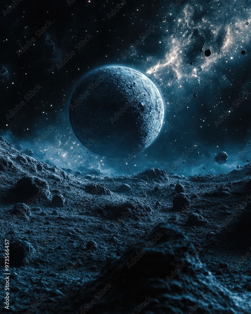Poster desolate planet surrounded by asteroids in a vast cosmic expanse