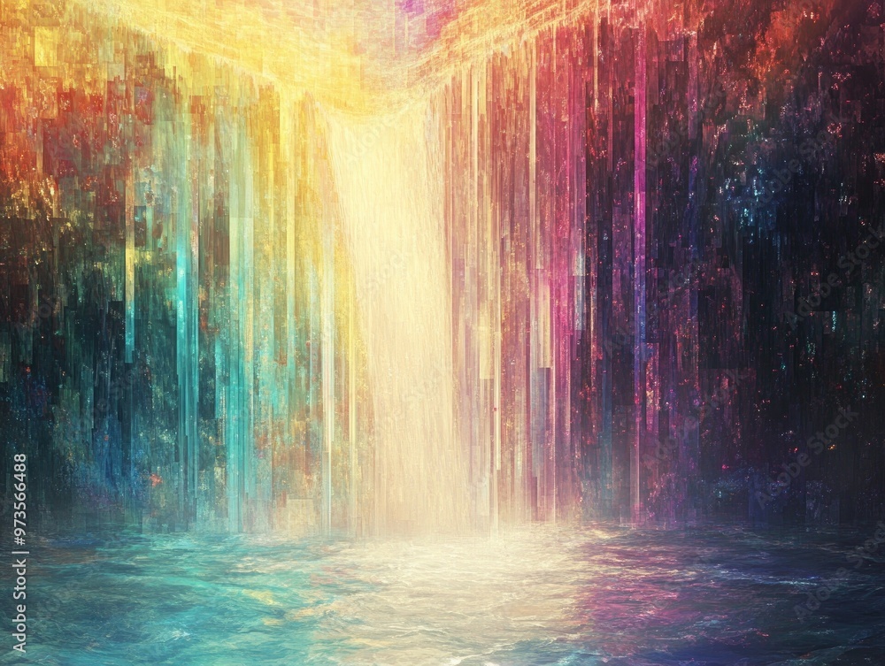 Poster vibrant pixelated waterfall with colorful rays and dynamic lines artistic wallpaper featuring magica