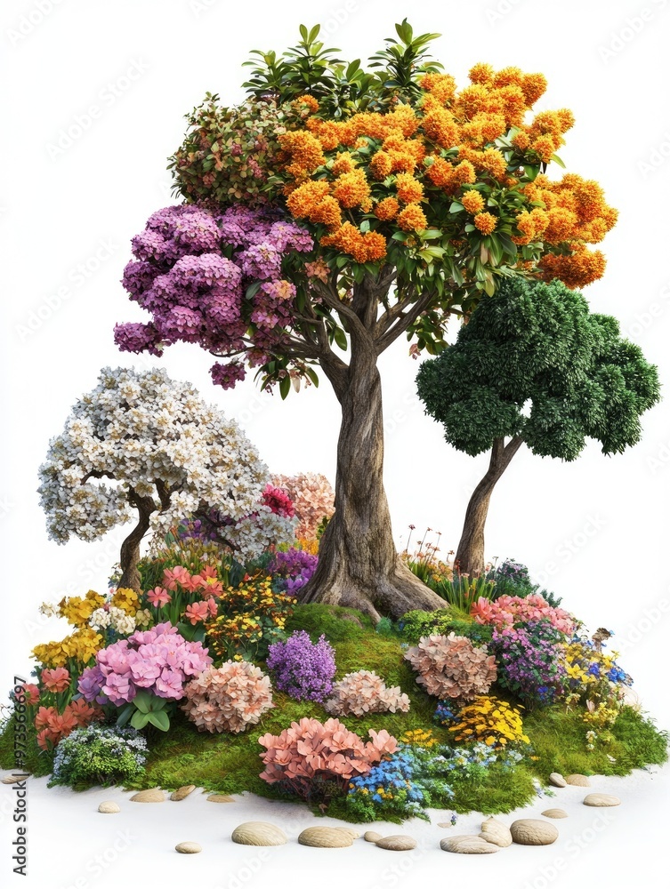 Poster fantasy 3d rendering featuring various trees and flowers on a white background with a clipping path