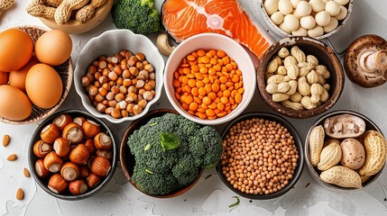 An assortment of nuts, legumes, vegetables, and eggs in bowls