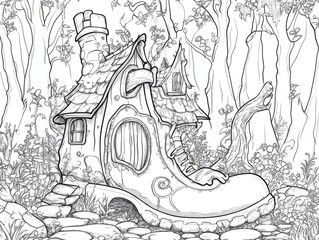 Naklejka premium Whimsical cartoon shoe house coloring page designed for children featuring an enchanting forest backdrop Ideal for creative coloring book activities