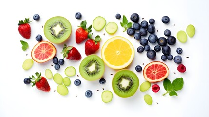fruits and vegetables on white background.