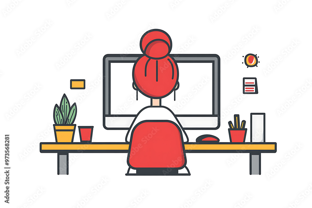 Wall mural streamer girl sitting on a computer chair vector flat line style