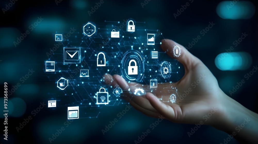 Poster a hand presenting digital icons symbolizing data security, technology, and communication in a futuri