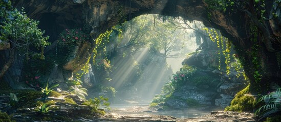 Sunlight streaming through the archway of a verdant mossy forest creating a mesmerizing and mystical nature scene  Lush foliage a tranquil stream and an atmosphere of wonder and adventure
