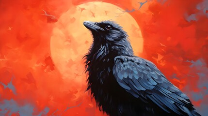 Fototapeta premium raven in the night on red background.