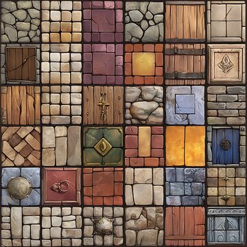 Digital seamless tileset for game development, featuring various stone, brick, and wood textures