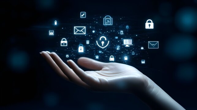 A human hand offering digital icons representing security, communication, and technology, symbolizing innovation and connectivity.