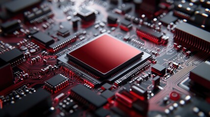 Red glowing processor chip on a circuit board.