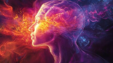 Abstract portrait of a woman's face made of light and swirling energy, set against a dark background with stars.