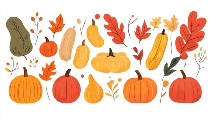 Vibrant Fall Harvest: Minimalist Vector Illustration of Colorful Pumpkins, Gourds, and Autumn Leaves in 2D Flat Style