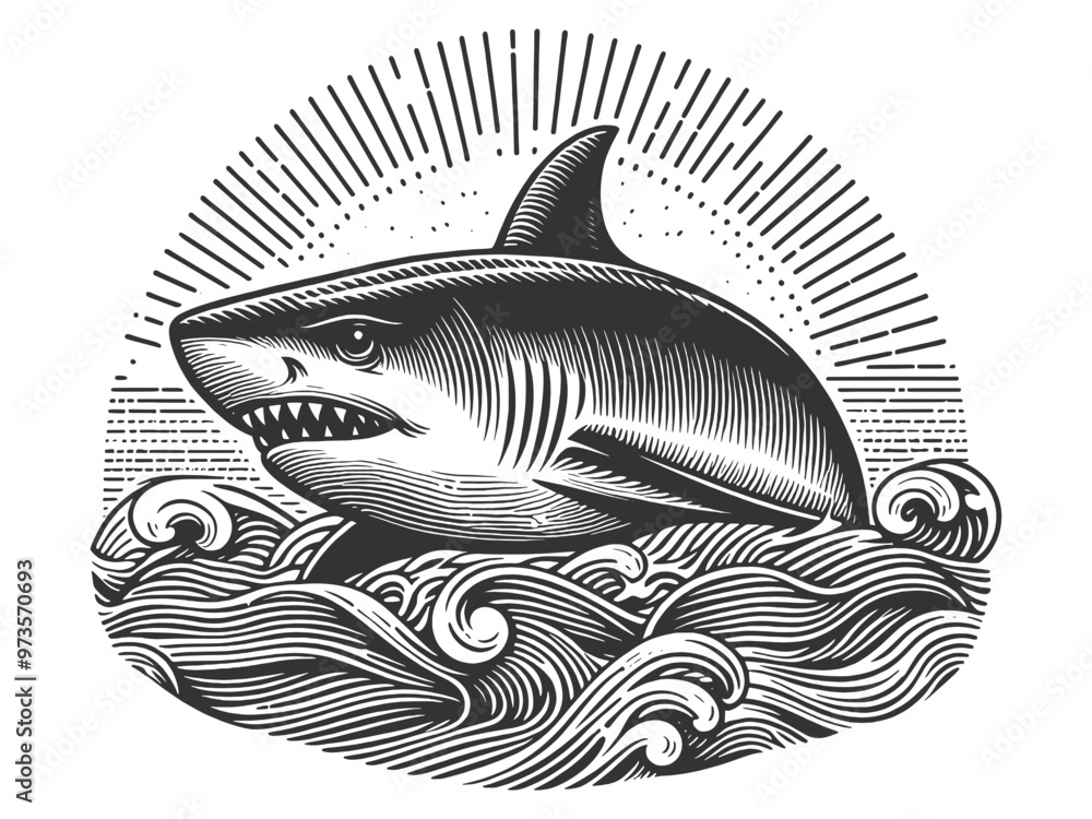 Poster fierce shark emerging from stylized ocean waves, surrounded by sun rays in a bold design sketch engr