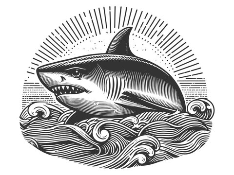 recommend clip art: fierce shark emerging from stylized ocean waves, surrounded by sun rays in a bold design sketch engraving generative ai vector illustration. Scratch board imitation. Black and white image.