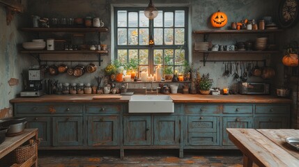 Cozy rustic kitchen with autumn decor and warm lighting.