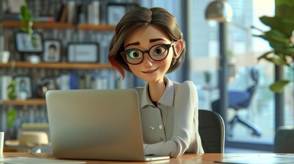 Smiling cartoon woman with glasses works on her laptop in a modern office.