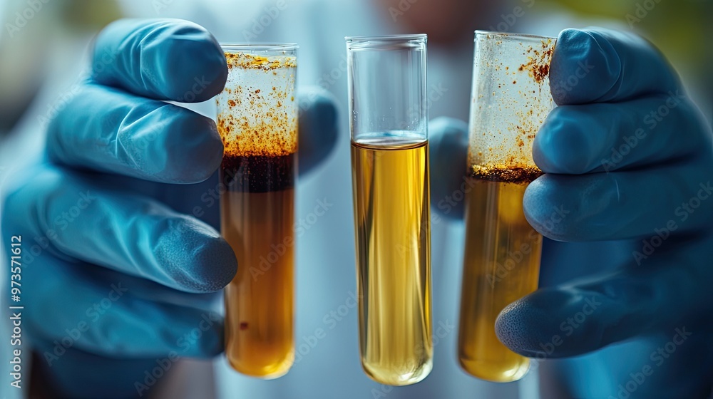 Poster three test tubes with liquid inside. the image can be used for a scientific or laboratory concept.