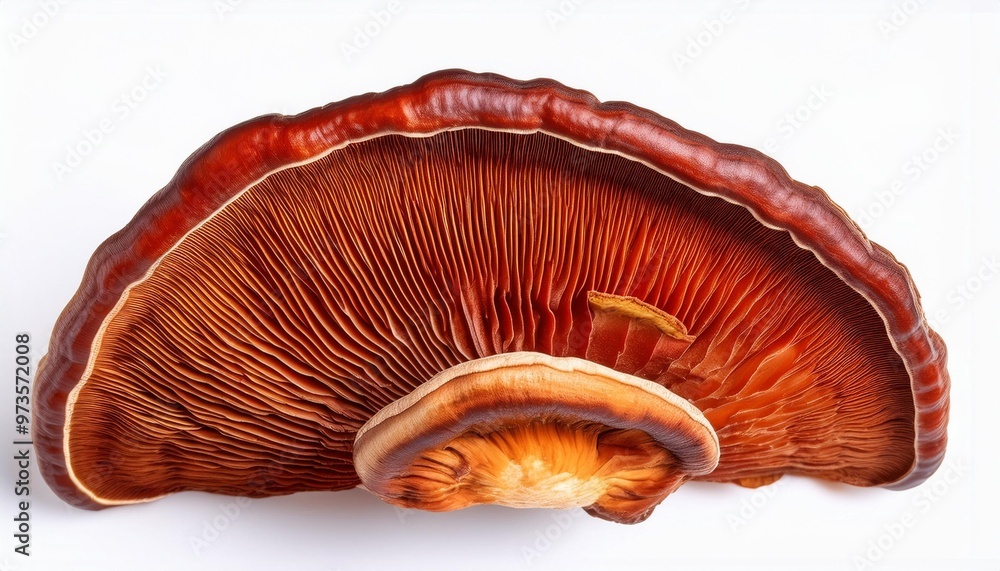 Wall mural close up of a vibrant red brown reishi mushroom with detailed texture and growth rings isolated on a