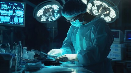 Surgeon in scrubs operating room using a tablet.