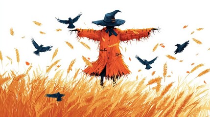 Fototapeta premium Whimsical Harvest: Scarecrow in a Vibrant Field of Crows and Wheat - Vector Illustration