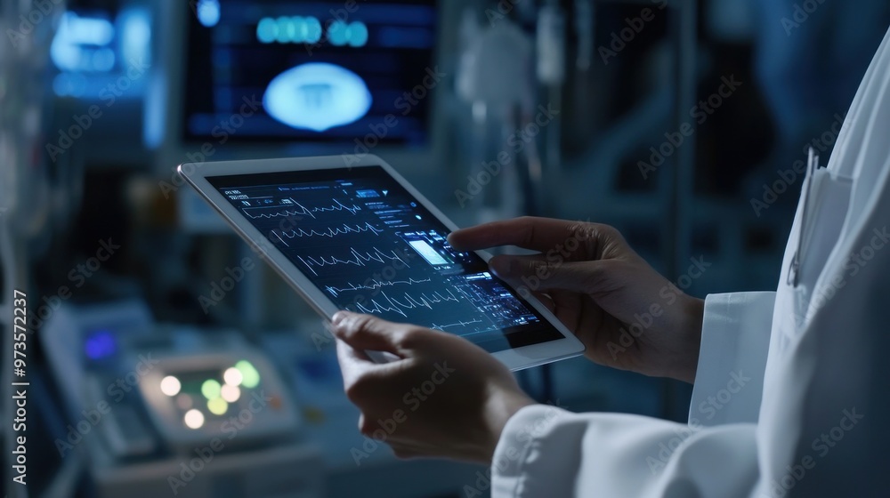 Wall mural doctor's hand holding a tablet showing heart rate monitor in an operating room.