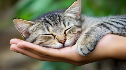 A peaceful sleeping cat nestled in a gentle hand, showcasing a bond of comfort and care in a serene natural setting.