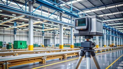 Naklejka premium 3D scanner capturing product dimensions for quality assurance, industrial factory background, [quality control], [digital inspection system]