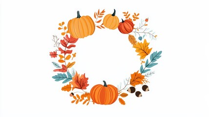 Colorful Autumn Wreath Vector Illustration with Pumpkins, Leaves, and Acorns in Flat Style on White Background