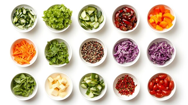 A selection of vibrant salad ingredients displayed in bowls on a white background, each item arranged with attention to detail and clarity