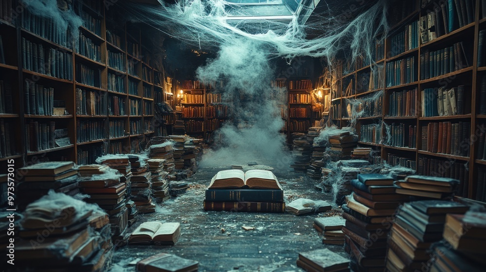 Poster a mysterious library filled with dust and cobwebs.