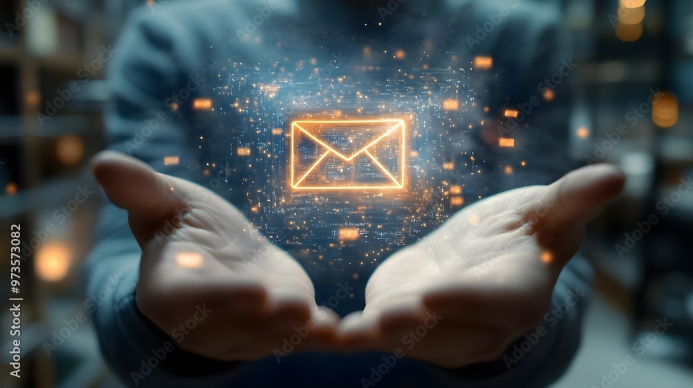 Poster a person holding glowing email icon representing digital communication and connection in a modern wo