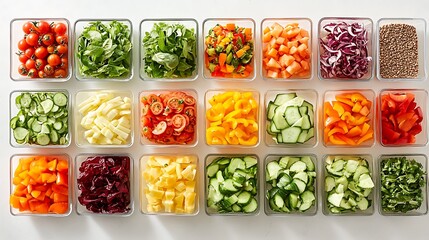 A wide-angle shot of a well-organized salad bar on a white surface, featuring an assortment of fresh, colorful produce and salad toppings with crisp, clear detail