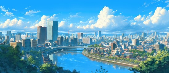 Obraz premium Panoramic painting of a city skyline with a river in the foreground